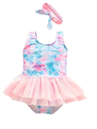 Image of Generic Enchanting Mermaid Fantasy: Girls' Stretchable Swimwear with Ruffle Accents, Plus Matching Headband & Hat Set