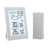 NINMORTH Stazione meteo digitale wireless con termometro e igrometro per interni/esterni, portata 100 m, radio, allarme gelo e temperatura, colore: bianco