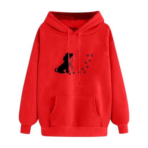 KOG Hoodie für Damen Baumwolle Kapuzenpullover Hunde-Print Hoodies 2025 Sweatshirt mit Kapuze Frau Kleidung Winter Hooded Sweatshirt Warmes Warme Oversized Pullover Bekleidung Rot S