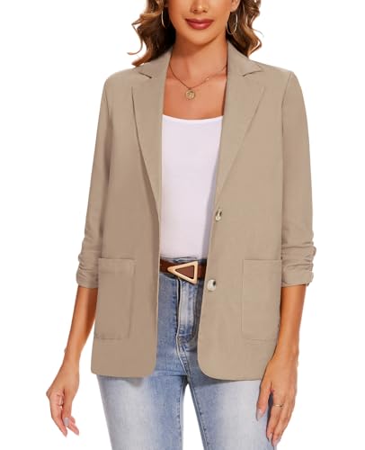 MINTLIMIT Women's Summer Linen Blazer Jackets 3/4 Sleeve Casual Lightweight Notch Lapel Button Blazers Pocket