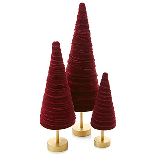 Set of 3 Burgundy Pedestal Velvet Trees, Holiday Mantel Accents,