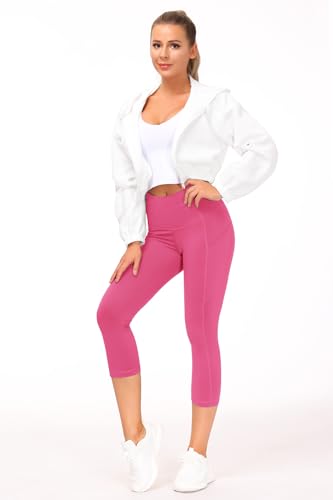 Image of THE GYM PEOPLE Thick High Waist Capris Yoga Pants with Pockets, Tummy Control Workout Running Yoga Leggings for Women
