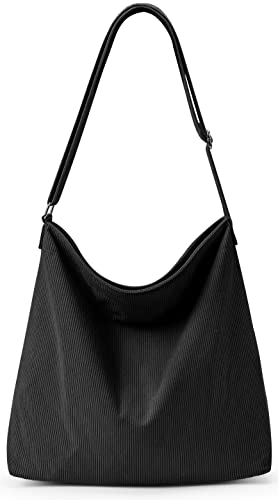 KALIDI Cord Tasche Umhängetasche mit Reißverschluss Wasserdicht Shopper Damen Große Cord Umhängetasche Tote Bag Crossbody Schultertasche Handtasche für Arbeit Büro Reise Einkauf, Schwarz