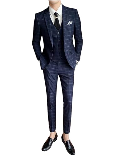 Men's Single Breasted Plaid Suit Notch Lapel Jacket & Vest & Pants Checked Tuxedos