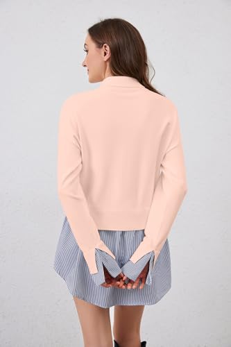Image of MISSACTIVER Women Slit Turtleneck Patchwork Sweater 2 in 1 Buttons Down Pullover Knit Sweater Asymmetrical Hem Shirt Top