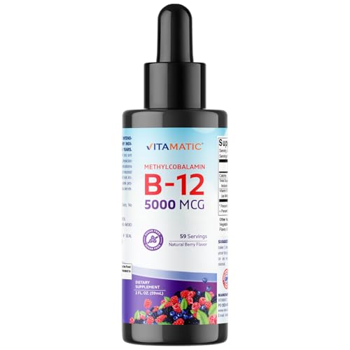 Vitamatic Fast-Acting Liquid Vitamin B12 &ndash; 5000 mcg Methylcobalamin &ndash; Natural Berry Flavor &ndash;...