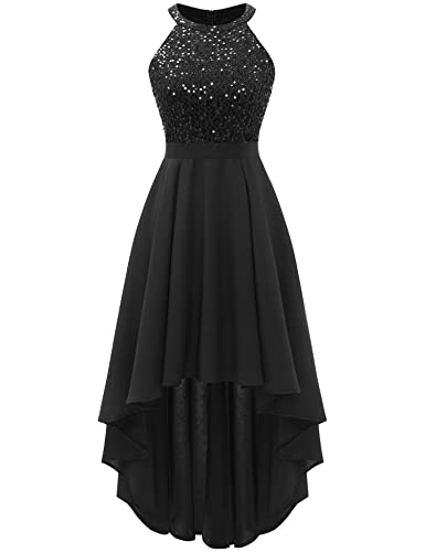 Dressystar Women's Sequin Halter Cocktail Prom Dresses Hi-Lo Sparkly Glitter Homecoming Bridesmaid Wedding Dress Black XL