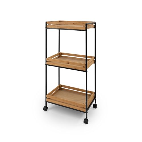 LIN HOME Carrito de Almacenamiento de Madera y Metal Multiuso 35x23x73cm con 3 Estantes - Mueble Auxiliar para Almacenaje Ideal para Baño, Cocina, Salón