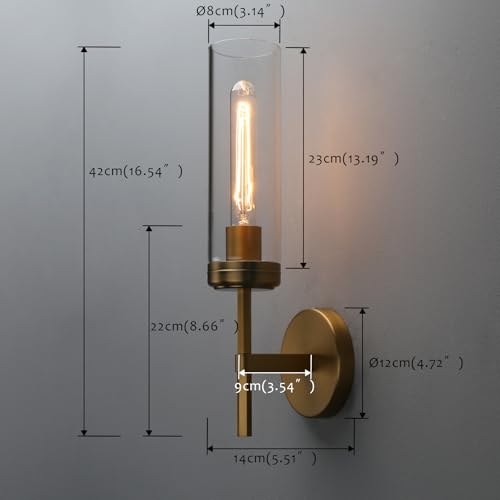 Image of Pathson 1-Light Vintage Wall Sconce Lamp, Hardwired Aluminum Wall Sconce with Tube Cylinder Glass, Mid-Century Wall Vanity Light Fixture Decor for Living Room Bedroom (Brass Gold 1-Pack)