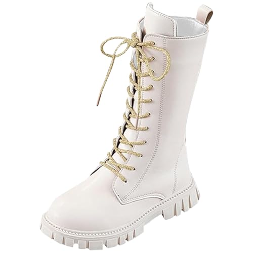 Bottes Et Bottines Enfant Fille,Blanche Cuir Confort Chic Montantes Cowboy Botte Equitation À Lacets Confortable Chaussures Antidérapant Fermetures Éclair...