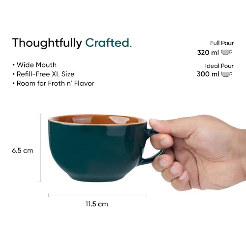 Shay Large Ceramic Coffee Cup Saucer Set, Teal Green, 320ml | Cappuccino Cup | Glossy Finish | Premium Porcelain | Microwave Safe (XL Cup Saucer - Teal Green)