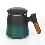 Winverty Taza de Té de Cerámica con Tapa, Taza de Té con Mango de Madera, Taza de Té con Filtro para el Hogar y la Oficina, 400 ml (Verde(con patrón))