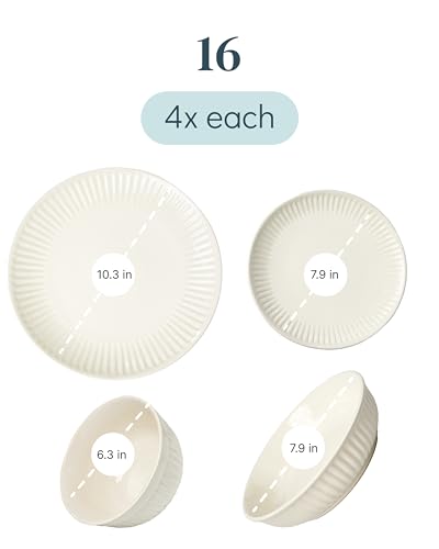 Image of Stoneware Dinnerware Set for 4 People HYGGE 16-Piece - Elegant Scandi Design - Premium Dish Set - Bowl and Plate Set - Tableware for 4 People in a Ribbed Design - Pure Living in Beige