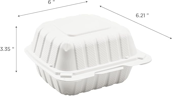 #pp225 6"x6"x3" Mineral Filled PP Hinge Container, 1 Compartment-White, Microwave Safe, Secure Lock Lock, Salad, Rice