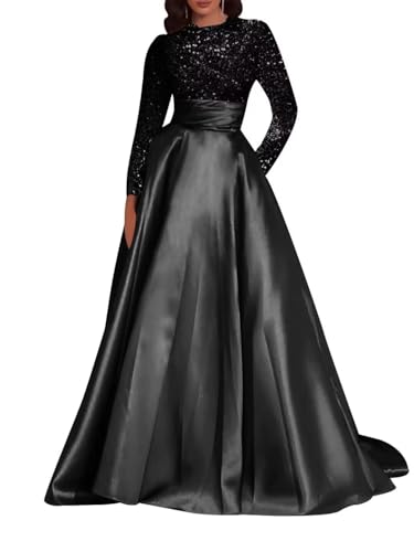 Prom Dresses for Women Sparkly Sequins Long Sleeve Ball Gown Formal Dress with Pockets LW140