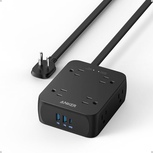 Anker Surge Protector Flat Plug Power Strip 2000J, 5ft Thin Extension Cord, 8 Outlets,2 USB A and 1 USB C Port,20W for iPhone15,Wall Mount,Compact for Home,Office,Room,TUV Listed (Black, 5FT)