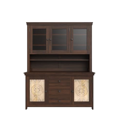 Image of ANGEL FURNITURE Sheesham Wood Kitchen Cabinet, 72 inch Height, Glass Doors, 3 Drawers, Mandala Design, Natural Brown (Walnut Finish)