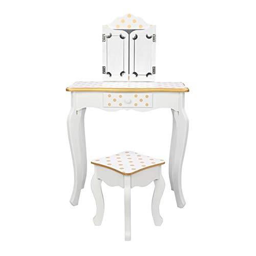 AUTOKOLA Home Three Fold Mirror Single Drawing Curved Foot Children Dressing Table Yellow Dots 3-7 Days Delivery