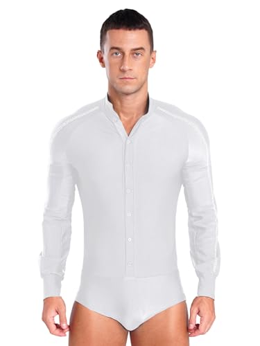 Nyeemya Leotardo de Danza para Hombres con Mangas Largas Pedrerías Brillantes Baile Salón Rumba Actuación Blanco negro XXL