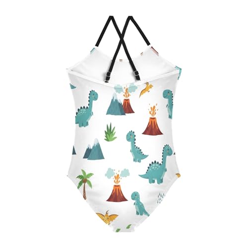 Cute Cartoon Dinosaurs White Girls Swim Suit with Adjustable Shoulder Strap, Beach Swimwear, 3-102