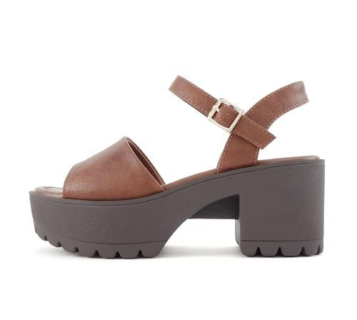 Image of Soda inchStacie inch ~ Women Open Toe Lug Sole Mid Block Heeled Sandals with Adjustable Ankle Strap