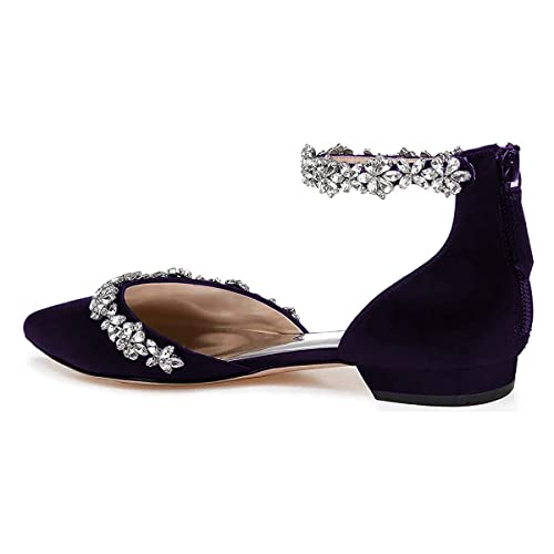 Image of XYD Women Classic Pointed Toe D'Orsay Wedding Flat Sandals Sparkly Rhinestones Ankle Strap Low Heel Dress Shoes with Zipper