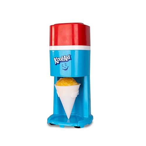 Kool-Aid Electric Snow Cone Maker 64-Ounce Ice Shaving Capacity, Stainless Steel Cutting Blades and Safety Ice Press, 4 Reusable Cones, Side Shelves, and Scoop Included - Pink and Green