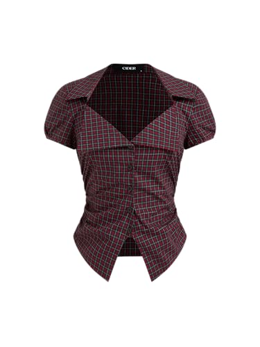 CIDER Plaid Shirt Women Button Down Fitted Crop Top Short Sleeve Checks Blouse Collared Neck Preppy Slim Fit
