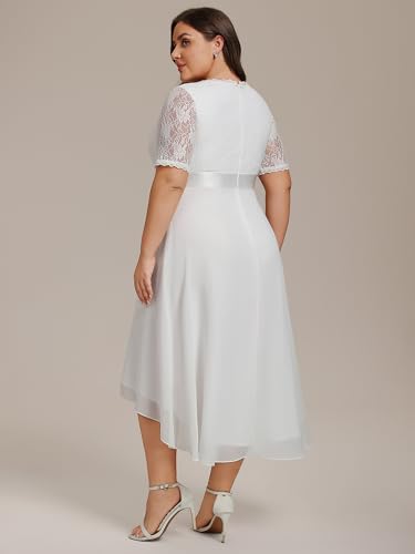 Image of Ever-Pretty Women's V Neck Pleated A Line Lace Chiffon Half Sleeves Midi Plus Size Cocktail Wedding Guest Dresses White US22