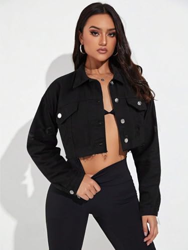Cropped Denim Jacket With Wide Sleeves (Black, XL)