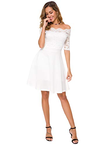 Atnlewhi Womens Vintage Lace Off Shoulder Puffy Swing Dresses Sexy Mini Dress for Party Cocktail,Swing-White,S