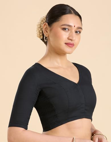 Image of Studio Shringaar Women's Thick Handloom Cotton Plain Side Stretch (Smocked) Readymade Saree Blouse