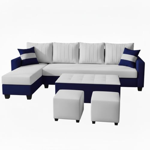 Image of FURNY Avenue 8 Seater Fabric LHS L Shape Sofa Set with 1 Centre Table & 2 Puffy (Light Grey-Dark Blue) Premium Velvet Finish