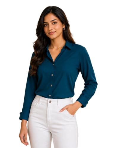 Image of FUNDAY FASHION Women Solid Regular Fit V Collered Casual Shirt