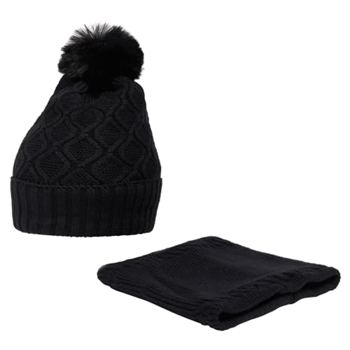 Pom-Pom Beanie and Neck Warmer Scarf for Women with Soft Fleece Lining - 2 Piece Winter Accessory Set