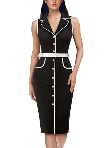VFSHOW Womens Professional Work Business Casual Office Belted Elegant Lapel V Neck Buttons Fitted Pencil Sheath Dress