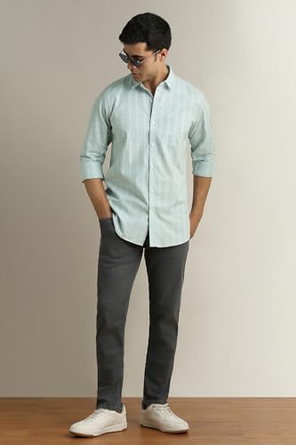 Image of Peter England Men's Cotton Slim Fit Distant Striped Casual Shirt | Full Sleeves, Office Wear