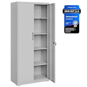 SONGMICS Aktenschrank, Mehrzweckschrank, Stahl-Aufbewahrungsschrank, 5 Ebenen, Doppeltüren, Schloss, Werkzeugschrank, verstellbare Ablagen, Garage, Büro, Wohnzimmer, grau OMC015G01