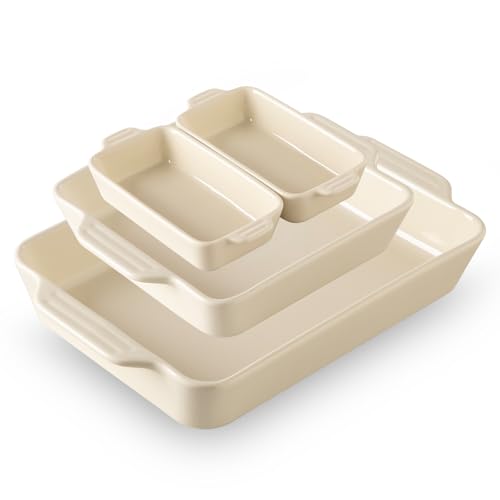 Sweejar Ceramic Bakeware Set of 4, Casserole Dishes for Oven, Rectangular Baking Dish with Handles, Lasagna Pans Deep for Cooking, Gratin, Roasting, Banquet and Daily Use (Beige)