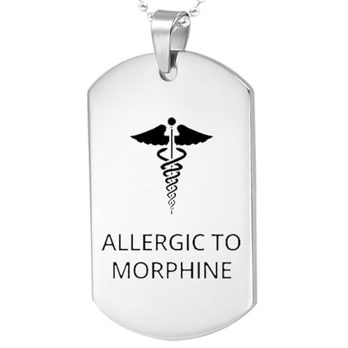 Collar de plata con símbolo médico, placa de perro, alérgico a la morfina, símbolo médico, SOS, emergencia, salud, alerta de vida, identificación, cadena de acero inoxidable grabado, para hombres y