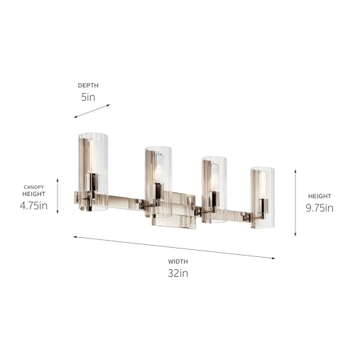 Image of Kichler Jemsa 4-Light Bathroom Vanity Light Fixture with Clear Fluted Glass in Polished Nickel, Modern Wall Mount Light for Bathroom Over Mirror (9.75 inch x 32 inch), 55169PN