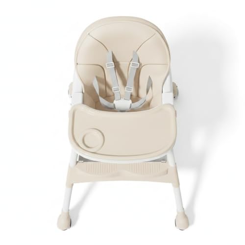 Image of Mealtime Plus Baby High Chair for Feeding, Adjustable Height, Double Food Tray, Seat Cushion, Storage Bag & Lockable Wheels, Foldable Feeding Chair for Babies & Toddlers, Beige