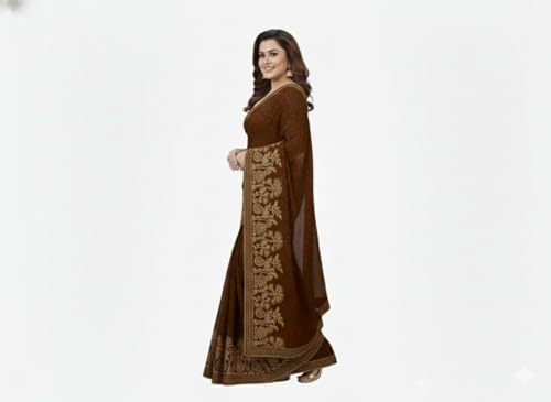 Image of M /S Sarvdhya Enterprises Women's Premium Heavy Work Georgette Saree with Unstitched Blouse Piece (Chocolate Brown)