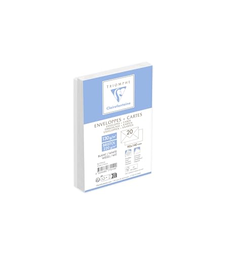 Clairefontaine 7701C - Combiné Triomphe comprenant 20 Enveloppes Blanches Doublés 90x140mm - Gommées - 130g/m² + 20 Cartes Bristol Blanches 82x128mm...
