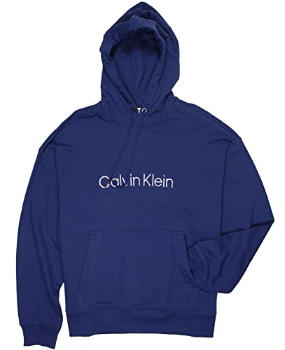 Calvin Klein Men's Logo French Terry Hoodie (Blue, Large)
