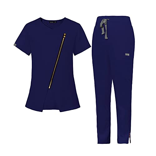 niaahinn Scrub for Women Medical Scrub Sets Nursing Uniform Top & Jogger Pants Dental Scurb Suit (Navy Blue,L,Large)