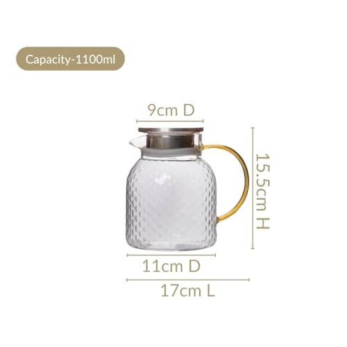 Image of Nestasia Transparent Glass Jug with Steel Lid (1100 ml) - Dishwasher & Microwave Safe Carafe with Dual Opening Strainer Lid - Oval Textured Glass Pitcher for Water, Juice, Hot & Cold Beverages