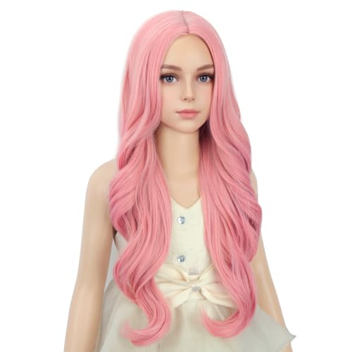 Image of PATTNIUM Kids Child Pink Wig Long Wavy Curly Pink Wig for Girls Kids Long Sythetic Wigs
