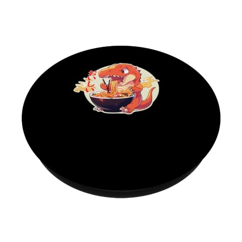 Kawaii Tyrannosaurs Rex Eating Ramen Japanese Yummy Anime PopSockets Swappable PopGrip, Black - Image 2