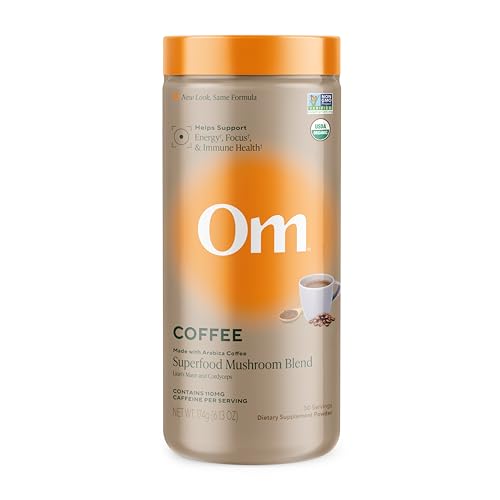 OM MUSHROOM SUPERFOOD Instant Coffee – Organic Arabica with Lion’s Mane, Cordyceps, Reishi, Turkey Tail & Ginkgo for Energy, Focus & Clarity – 6.24 oz Canister, 30 Servings